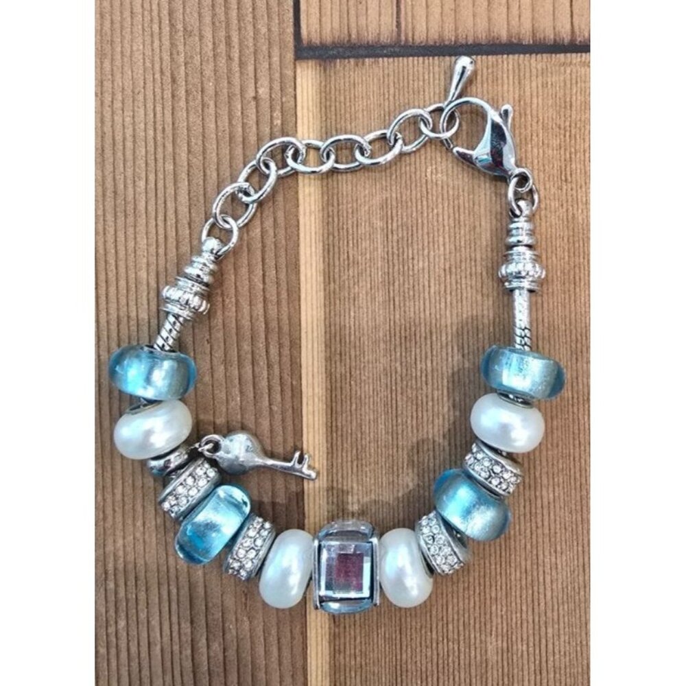 Silver & Blue Beaded Charm Bracelet With Key Accent - Picture 1 of 1